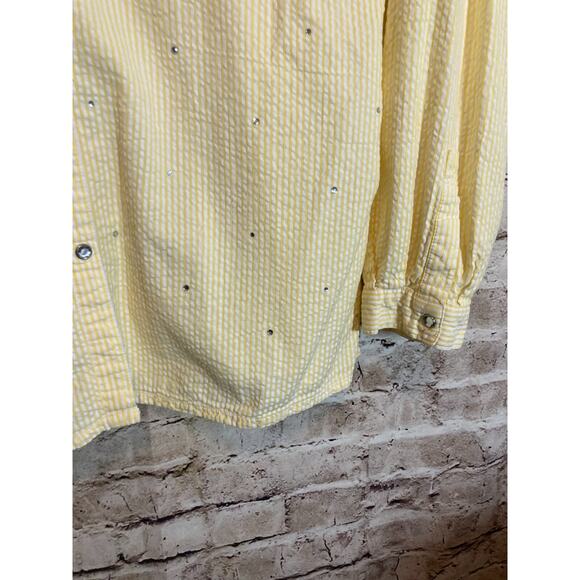 Quacker Factory Top Womens Large Yellow Striped Jewel Snap Up Beaded Button Up - Picture 6 of 13